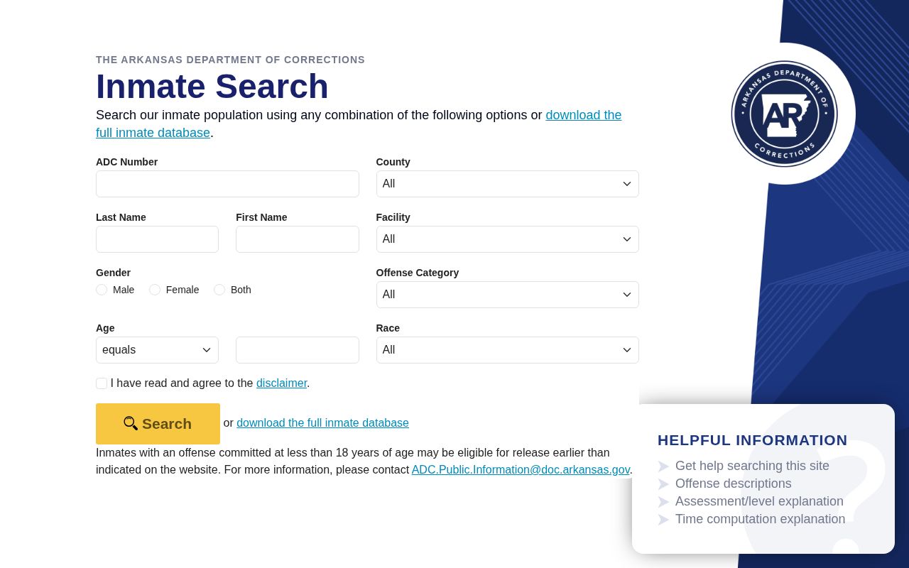 Arkansas official state inmate search interface