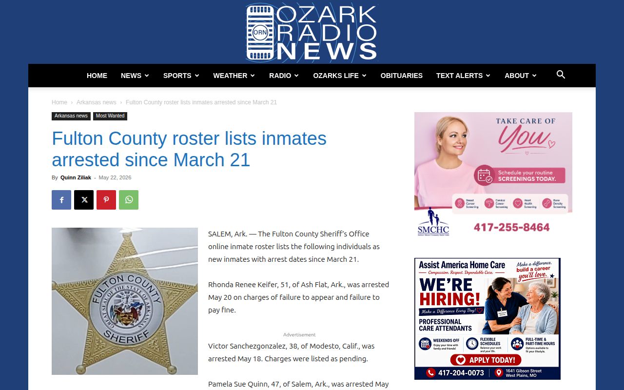 Ozark Radio News dated Fulton County roster report