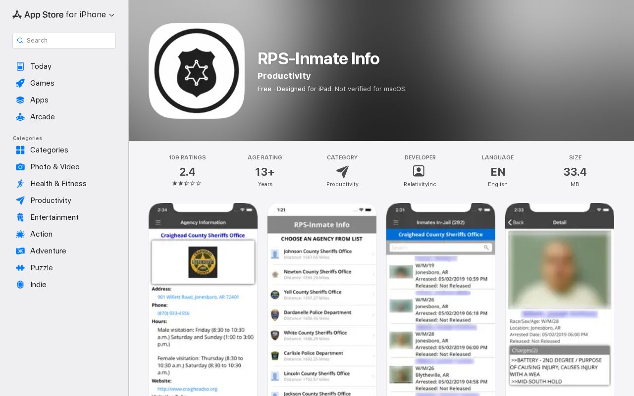 RPS Inmate Info mobile app listing linked by Fulton roster