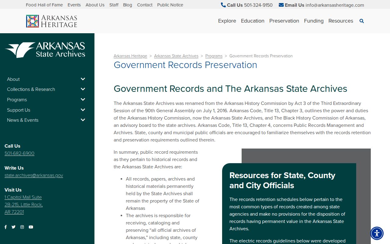 Arkansas State Archives government records preservation information page